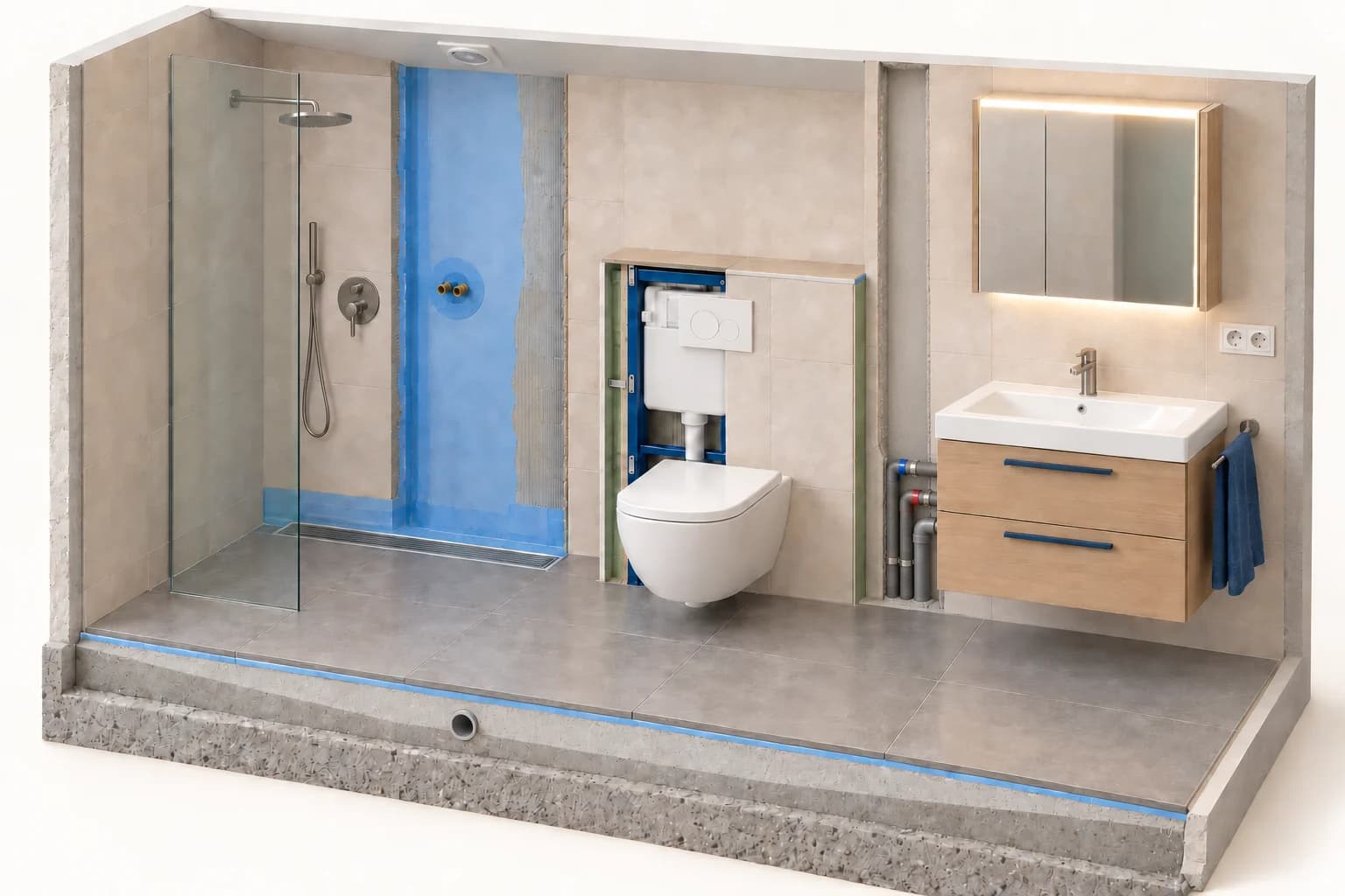 Bad im Schnitt: bodengleiche Dusche mit Rinne und teils sichtbarer blauer Abdichtung, Bodenaufbau mit Abwasserrohr, WC vor offener Vorwand mit Montagerahmen, offener Wandschlitz mit Kalt-, Warm- und Abwasserleitung zum Waschtisch, Waschtisch mit Spiegelschrank und Steckdose.