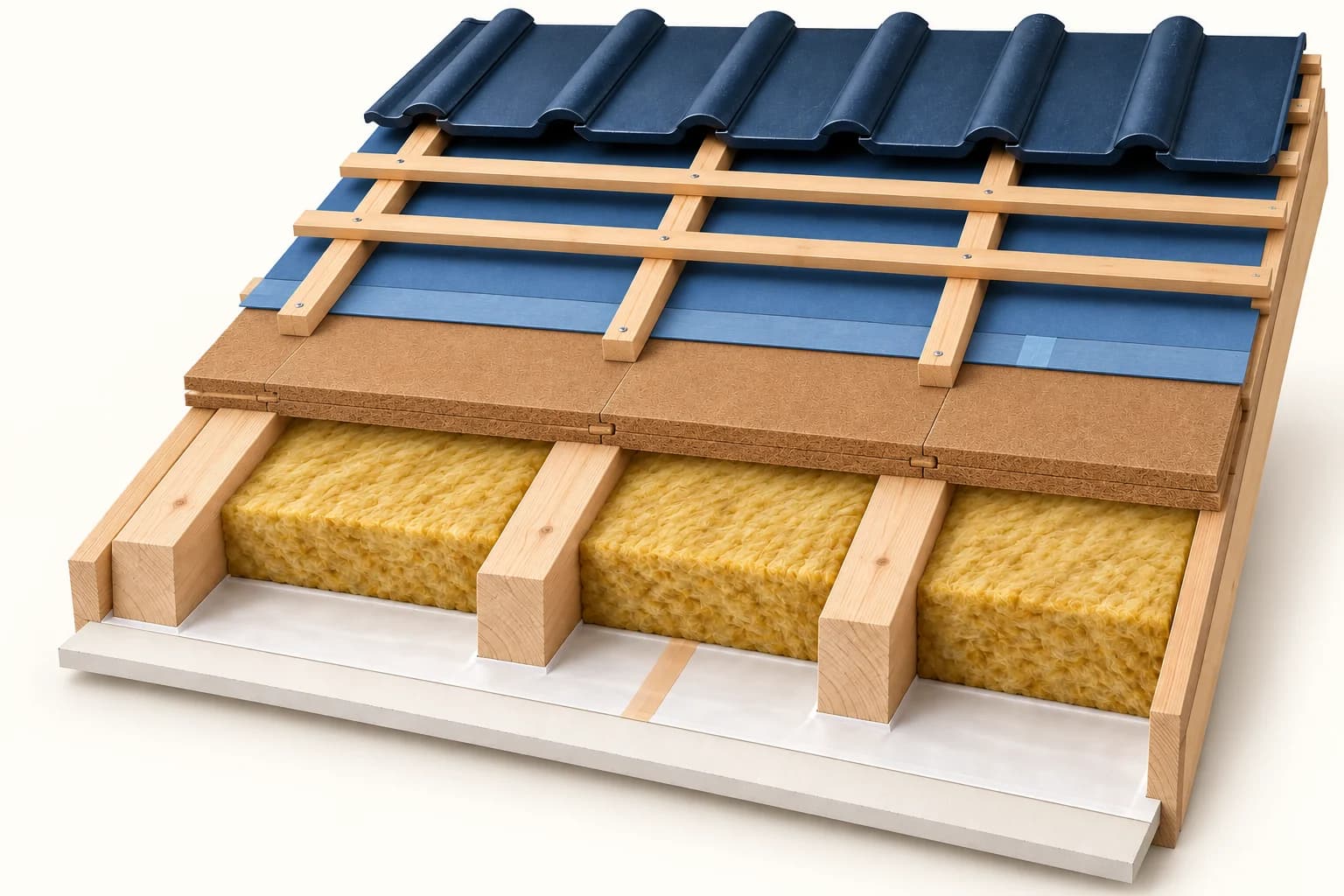 Dachaufbau mit kombinierter Dämmung: innen Bekleidung und Dampfbremse, Dämmung zwischen den Sparren, darüber durchgehende Holzfaserplatten mit blauer Unterdeckbahn, Konterlatten über den Sparren, Traglatten quer und Ziegel.