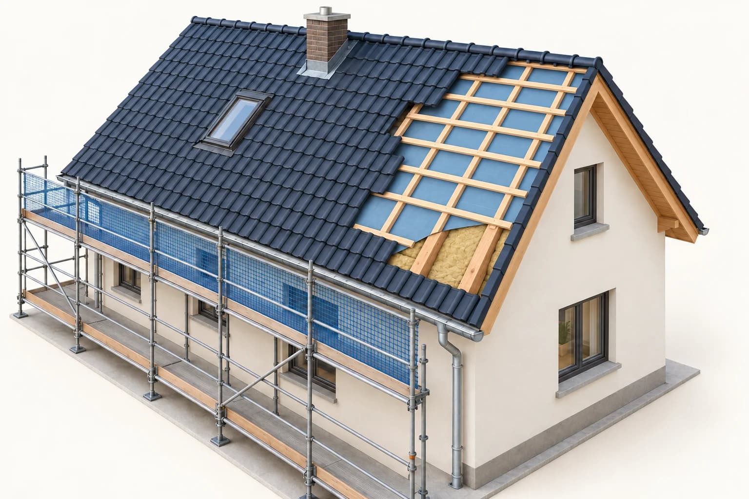 Räumliches Hausmodell mit teilweise geöffnetem Ziegeldach, sichtbaren Sparren und Dämmung, Kamin, Dachfenster, Gerüst sowie Dachrinne mit Fallrohr.