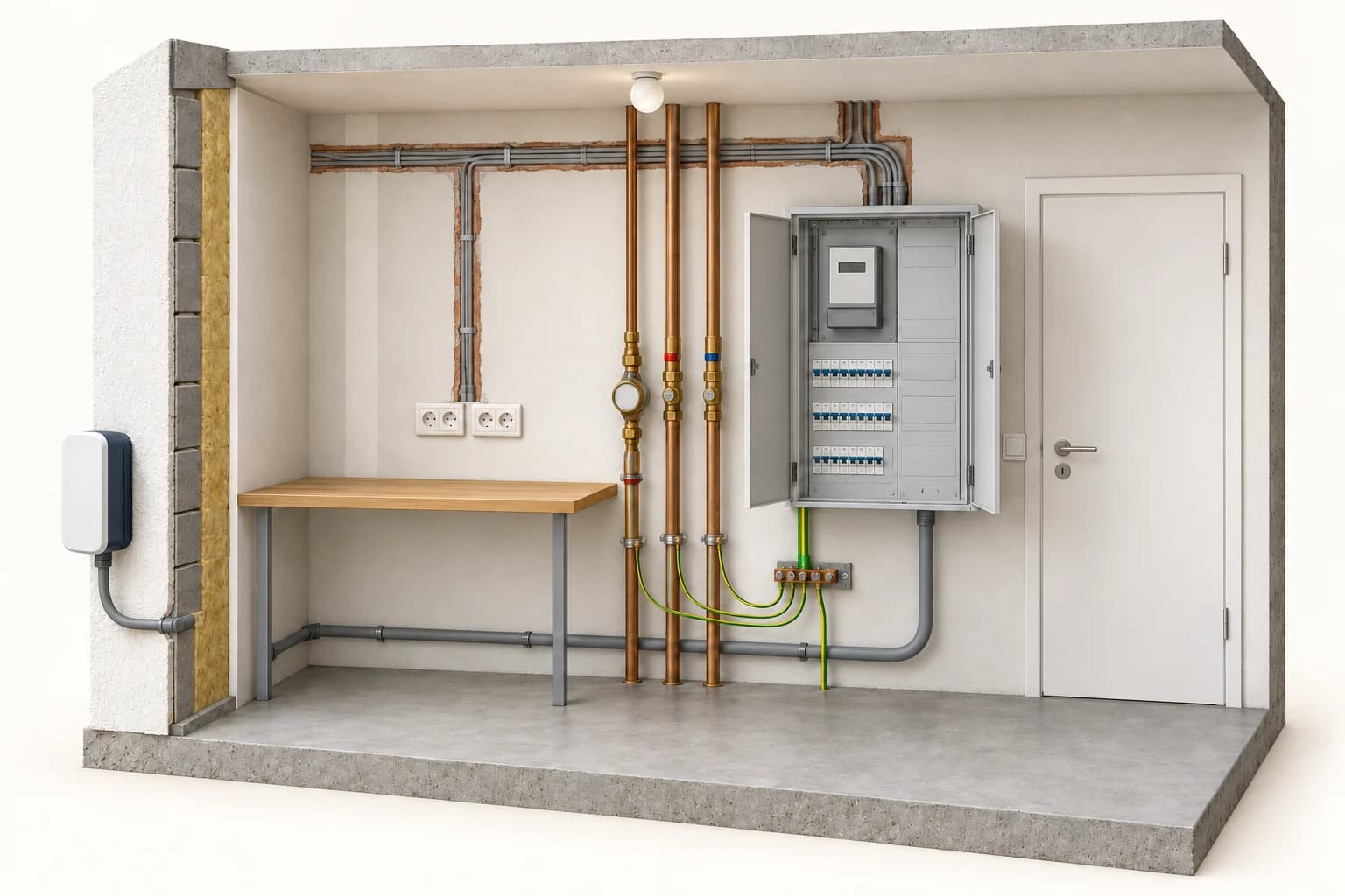 Hauswirtschaftsraum im Schnitt: Zählerschrank mit Schutzschaltern, Haupterdungsschiene darunter mit grün-gelben Leitungen zum Schrank, zu Wasser- und Heizungsrohren und in den Boden, Steckdosen über einer Arbeitsplatte, offener Wandschlitz mit Leitungen bis in den Zählerschrank und außen an der Wand eine Wallbox mit Leerrohr zum Zählerschrank.