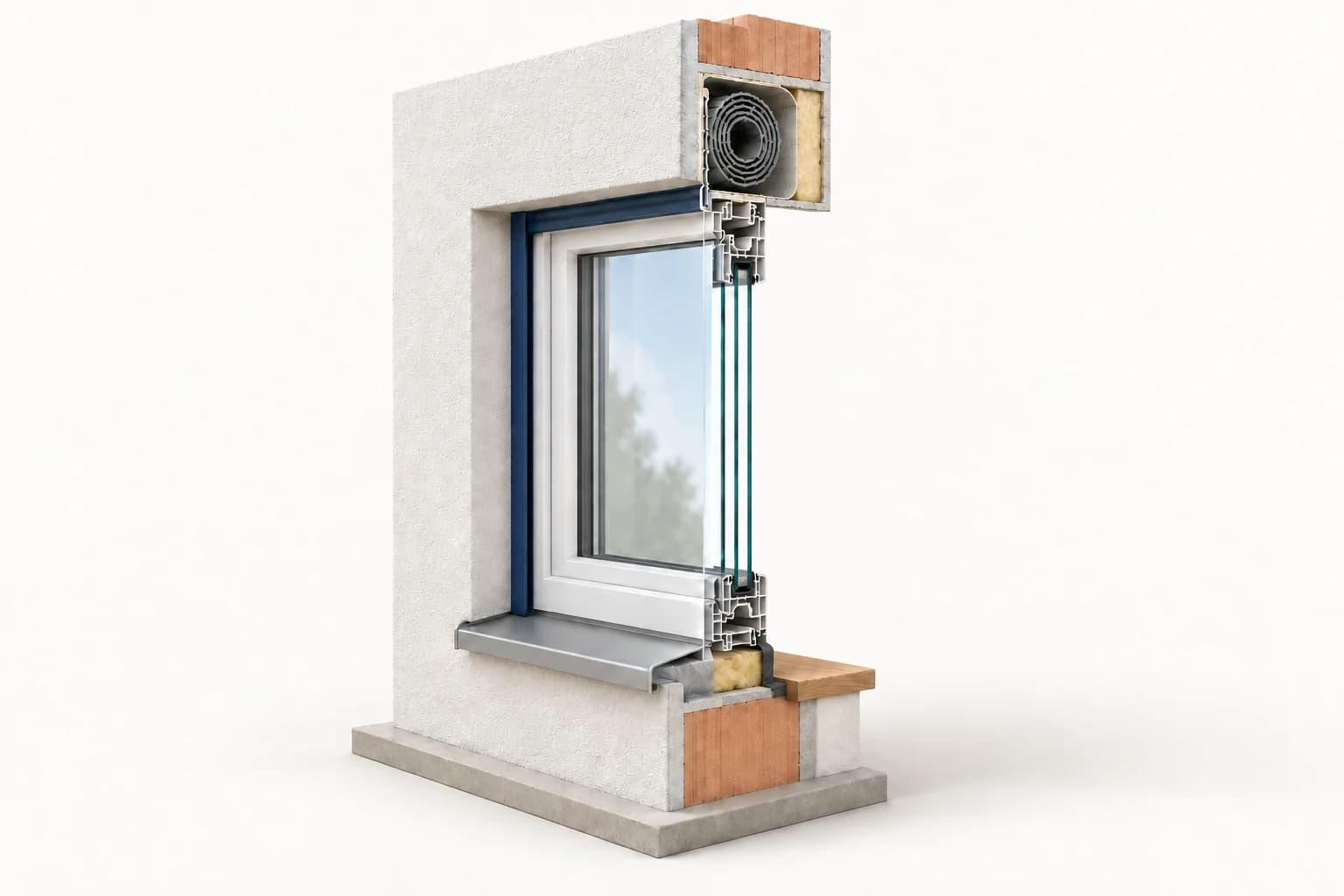 Wandstück mit neuem Fenster, mittig senkrecht geschnitten: Rollladenkasten mit Dämmung und hochgezogenem Rollladen, Dreifachverglasung im Schnitt, unterer Anschluss mit innerem Dichtband, Dämmung und äußerem Band, Fensterbank außen aus Aluminium und innen aus Holz.