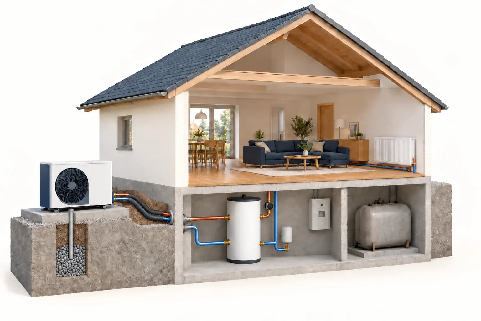 Haus im Schnitt: Gedämmte Leitungen verbinden die Wärmepumpe mit dem Heizwasser-Pufferspeicher im Keller. Die Heizkreispumpe sitzt im warmen Vorlauf zum Heizkörper. Eine separate Kondensatleitung führt unter dem Außengerät ins Kiesbett. Der Zählerschrank hat nur elektrische Leitungen. Ein alter Öltank steht getrennt von der neuen Anlage.